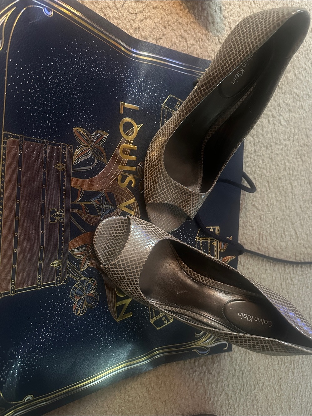 Calvin Klein Taupe Snakeskin Peep-Toe Heels